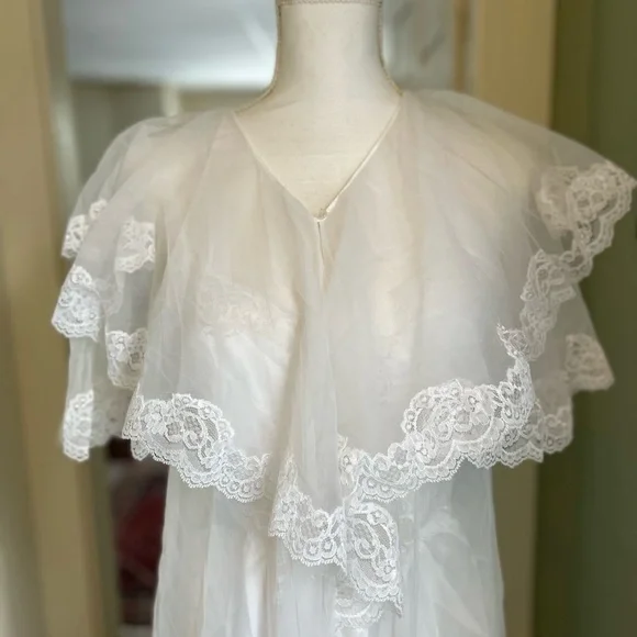 Vintage Appel Nightgown Robe Full Length Set Medium Sheer Beaded Lace White - Picture 5 of 11